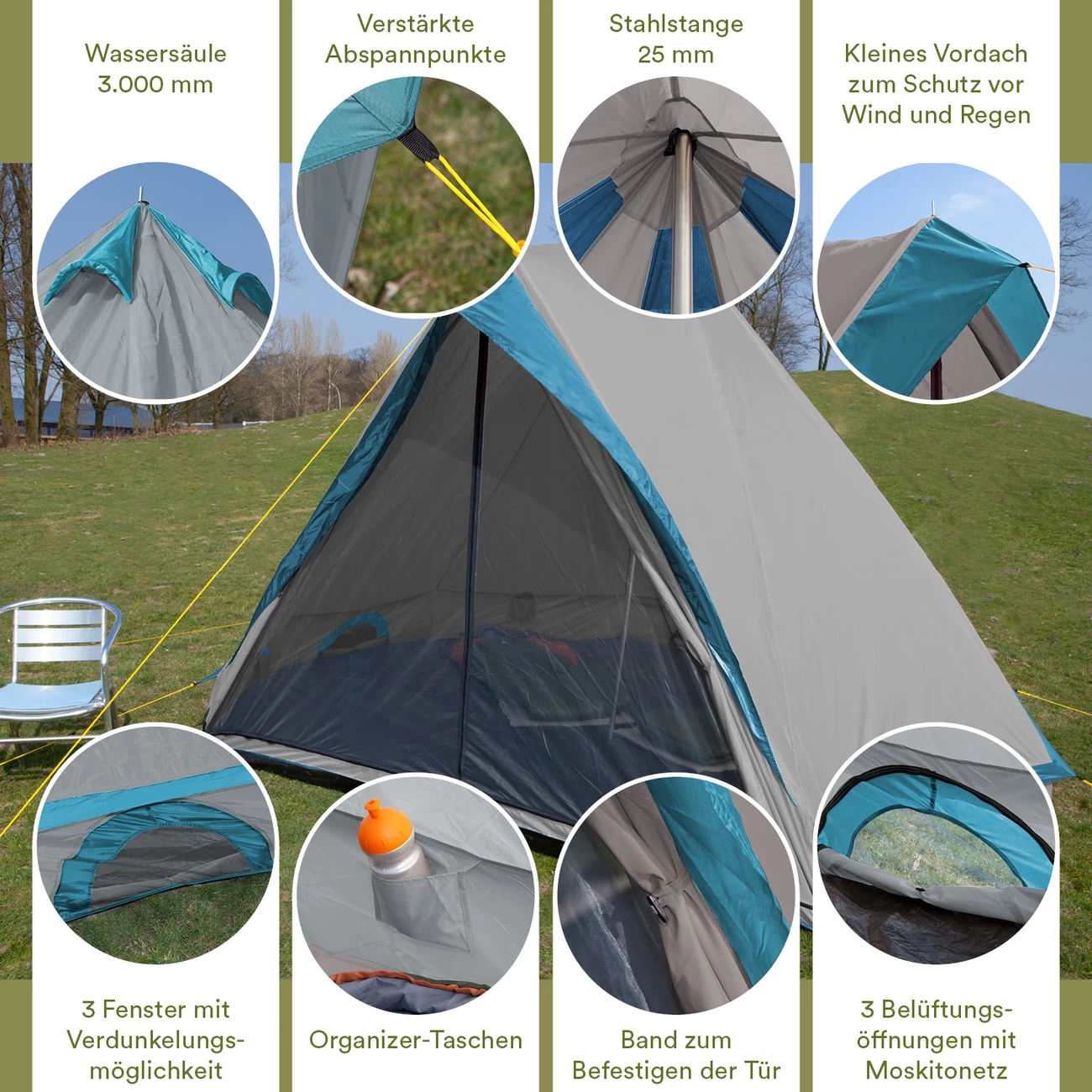 Coupon 😍 Camping Skandika Skandika Tipi Comanche 8 Personnes (gris/turquoise) 🥰 6 Coupon 😍 Camping Skandika Skandika Tipi Comanche 8 Personnes (gris/turquoise) 🥰 – Image 6