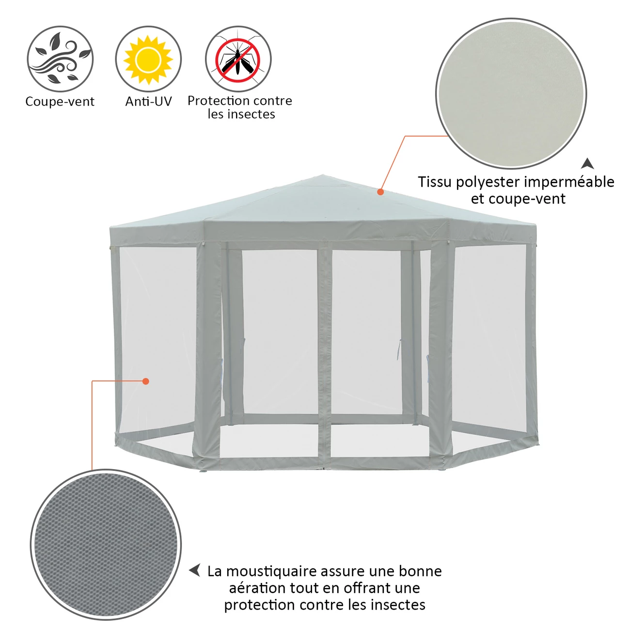 Budget 🎁 Camping Outsunny Tonnelle Barnum Tente De Réception Hexagonale Style Cosy Métal Polyester Imperméabilisé Écru Blanc Neuf 44cw 💯 4 Budget 🎁 Camping Outsunny Tonnelle Barnum Tente De Réception Hexagonale Style Cosy Métal Polyester Imperméabilisé Écru Blanc Neuf 44cw 💯 – Image 4