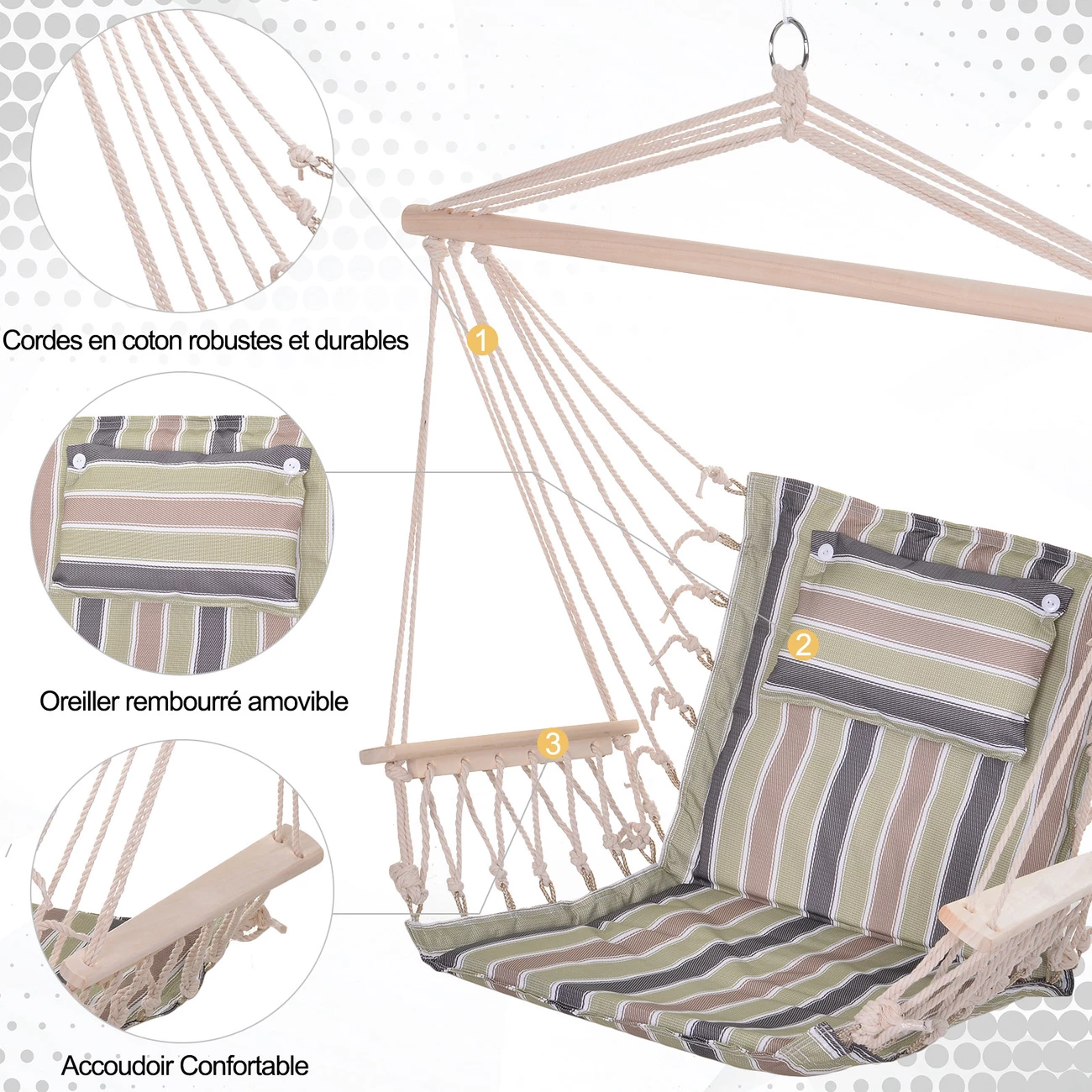 Le moins cher 🎁 Outsunny Chaise Suspendue Hamac De Voyage Respirant Portable Dim. 100l X 49l X 106h Cm Coton Macramé Polyester Multicolore Rayé ⭐ 4 Le moins cher 🎁 Outsunny Chaise Suspendue Hamac De Voyage Respirant Portable Dim. 100l X 49l X 106h Cm Coton Macramé Polyester Multicolore Rayé ⭐ – Image 4